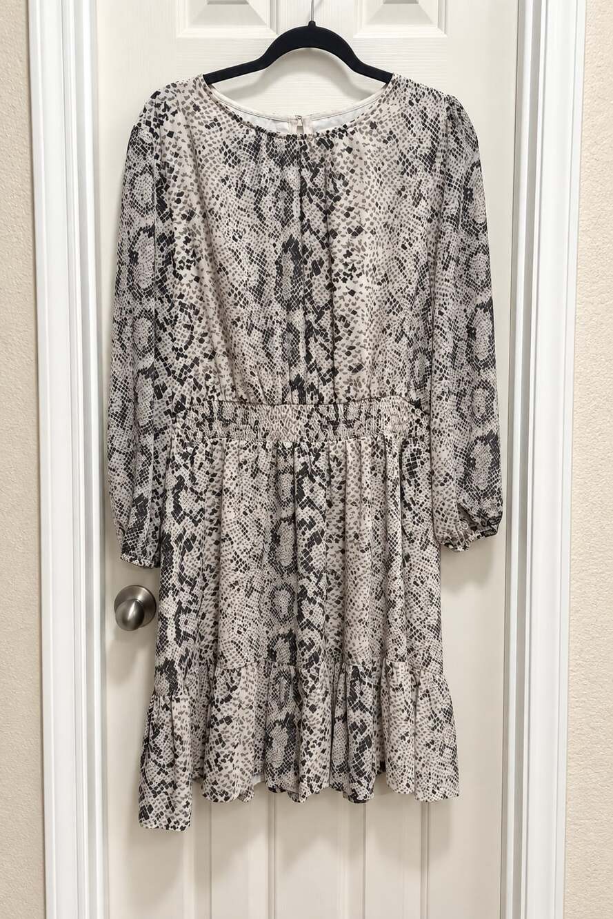 J.Crew Women’s Large Snakeskin Print Dress Smocked Waist Long Sleeve Ruffle Hem